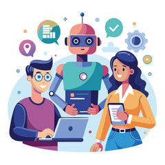AI Assistance Concept Illustration &ndash; People Using Laptops and Smartphones with Friendly Robots, Modern Flat Design