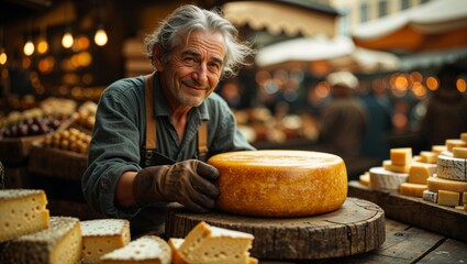 A cheerful cheesemonger presents a large wheel of cheese at his market stall, smiling.