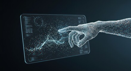 Digital hand touches tablet screen displaying data visualization on a dark background.