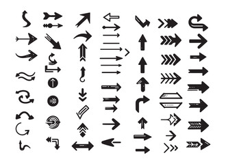 Vector collection of curved and straight black arrows in handmade silhouette style with solid shapes