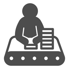 Man with boxes at conveyor belt solid icon, pharmacy concept. Vector graphics. Conveyor worker, production sign on white background, glyph style icon for mobile or web design.
