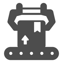 Cardboard box on conveyor with robotic arm solid icon, pharmacy concept. Vector graphics. Conveyor belt package, production sign on white background, glyph style icon for mobile or web design.