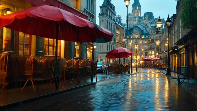 Rainy Parisian street scene with cafe, cobblestones, and warm lighting