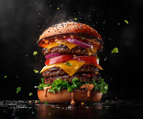 photo of big juicy burger with cheese, bepon, big beef patty, onion, tomato, sauce. Black background