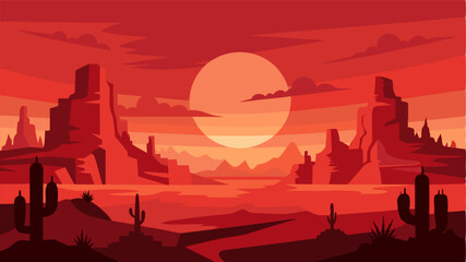Fototapeta premium Sunsoaked badlands with a fiery red sky and the distant silhouette of a lone cactus standing tall.