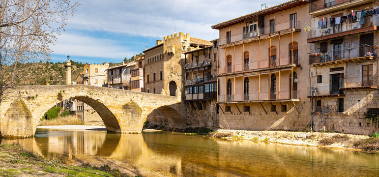 Medieval stone bridge across the river that passes by the medieval town of Valderrobres, Teruel, Spain.