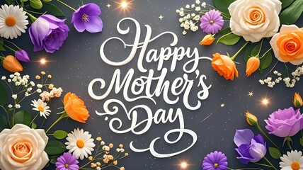 Colorful flowers surround "Happy Mother's Day", representing the concept of maternal love, gratitude to mothers, and caring for family, suitable for Mother's Day blessings and promotion.