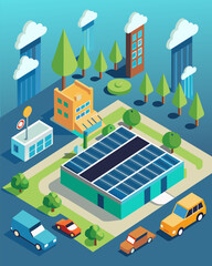An industrial park with a focus on sustainability featuring a shared solarpowered parking lot with charging points for employees electric vehicles and visitors cars.. Vector illustration