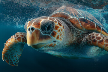 Fototapeta premium Close-up of a sea turtle swimming underwater in clear blue water.