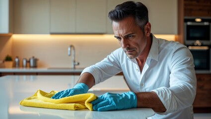 A man carefully cleans a kitchen countertop with a yellow cloth, keeping it spotless.