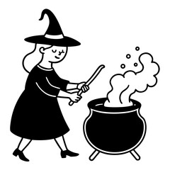 A witch stirring a cauldron, vector silhouette, smoke rising
