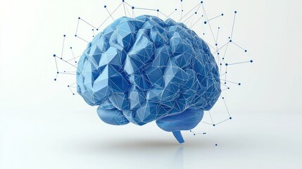Abstract Low Poly Blue Brain, Neural Network Connections,  Digital Brain Representation,  Mind Power Concept