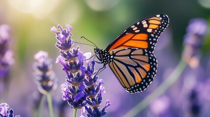 Obraz premium Monarch butterfly on lavender, garden, sunlight