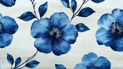 Elegant Blue Floral Linen Fabric Texture