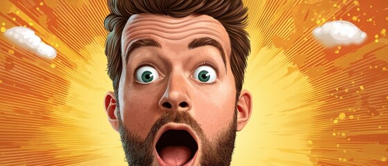 Vibrant pop art style announcement poster featuring a surprised, expressive male character with a speech bubble design