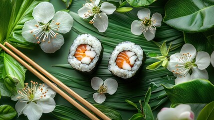 Salmon Sushi on Tropical Leaves with Blossoms