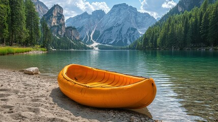 Serene Mountain Lake with Orange Canoe