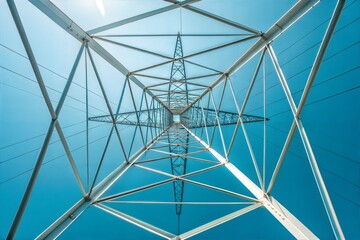 Obraz premium Abstract Geometric High-Voltage Transmission Tower on Bright Sky 