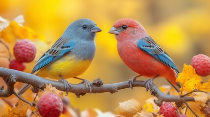 Obraz premium Two colorful finches perched closely on a branch with berries in a vivid autumn setting.