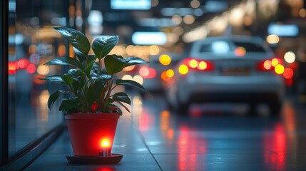 Night City Plant: Urban Oasis Amidst Blurred Lights