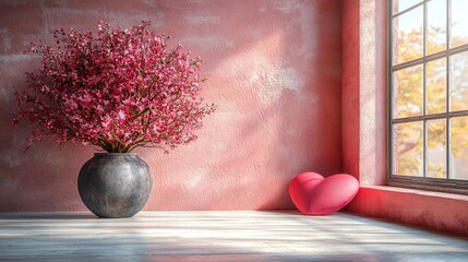 Romantic Room Decor: Pink Flowers, Heart, and Sunlit Window