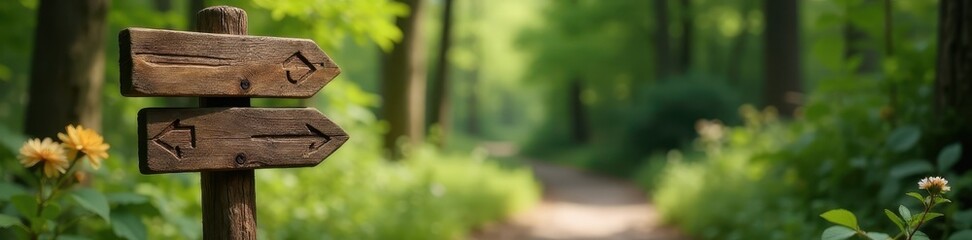Hand-carved wooden signpost beside a winding trail Arrows indicate directions , hiking, navigation, grass