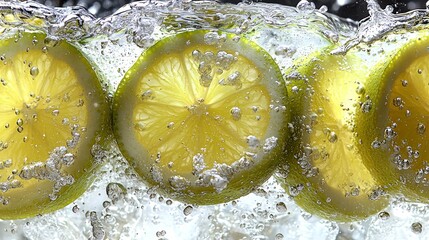 Refreshing Lemon Slices in Sparkling Water: A Vibrant Close-Up Photography
