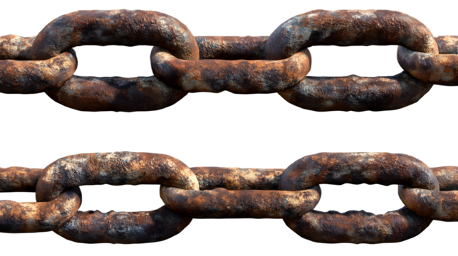 Close-up view of a heavy, rusty metal chain showcasing intricate details and textures.