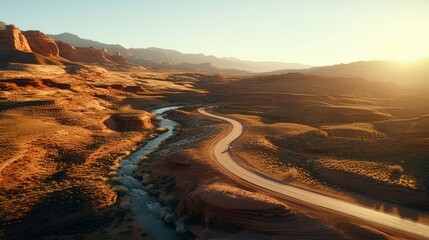 Scenic Desert Highway Winding Through Canyon Landscape at Sunset