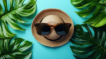 Summer Vacation Essentials: Tropical Hat, Sunglasses and Monstera Leaves