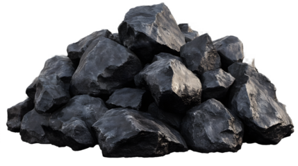 A large mound of shiny black coal, showcasing its rough texture and natural form against a clear background.