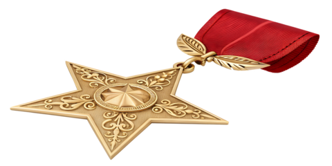 Golden Star Medal: A majestic golden star medal with intricate details and a red ribbon symbolizes honor, achievement, and recognition.  