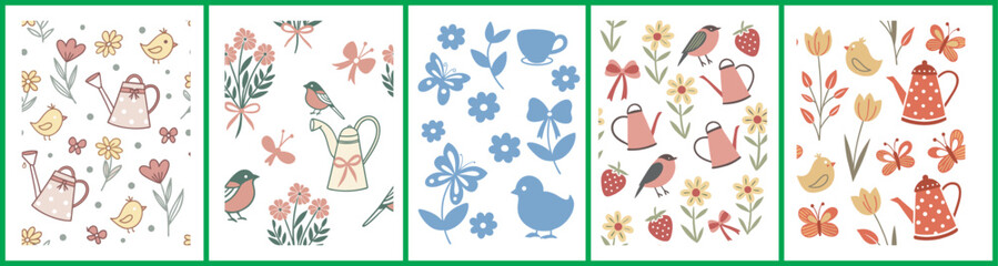 Cute Garden Pattern Set with Birds, Watering Cans, Flowers, and Spring Elements in Pastel Colors