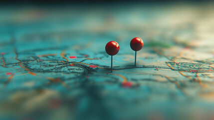 A detailed map displaying a specific location marked with two vibrant pins, symbolizing the starting and destination points in a GPS navigation system used for efficient route planning and guidance 