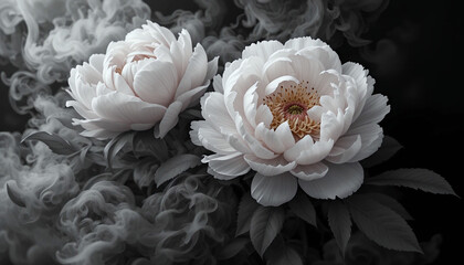 Black and White Volumetric Smoke Surrounding Closed Peonies and Leaves Generative AI