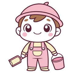 Smiling Cartoon Child with Hat Holding Bucket and Shovel on White Background