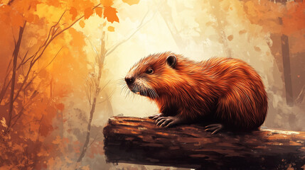 Realistic beaver resting on log in autumn forest