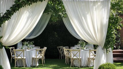 Elegant garden party setup with draped fabric, round tables and wooden chairs outdoors
