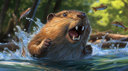 Angry cartoon beaver splashing in river with fish