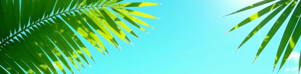 Obraz premium Tropical palm leaves in a vibrant green hue against a blue sky background, nature, botanical