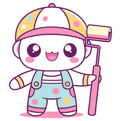 Cartoon Painter with Roller in Overalls and Colorful Cap on White Background