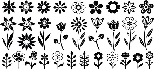 set of black silhouettes of flowers