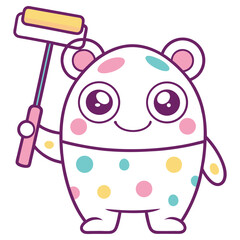 Cartoon Polka Dot Character Holding Paint Roller on Isolated Transparent Background