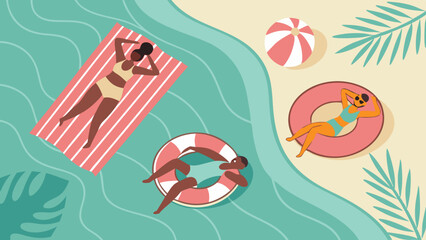 Summer Beach and Pool Relaxation with Inflatable Rings and Beach Ball