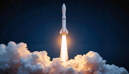 Rocket launching into sky with clouds at science museum, space exploration