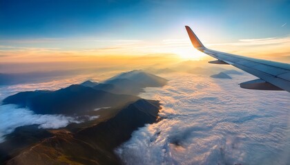 airplane flying low over foggy mountains view from plane window of plane wing and sky sunrise