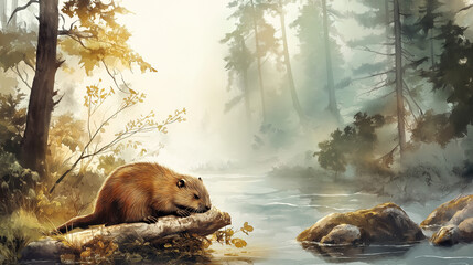 Realistic beaver resting on log by foggy forest river
