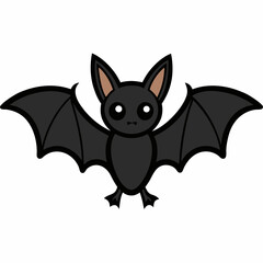 A cute, cartoon bat spreads its wings in playful flight, a whimsical creature with big, endearing eyes and simple, bold outlines against a white background.