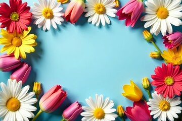 Obraz premium Vibrant daisies and tulips creating a charming frame, cute, template