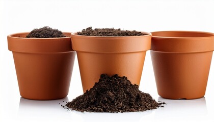 flower pots with soil isolated on white or white background